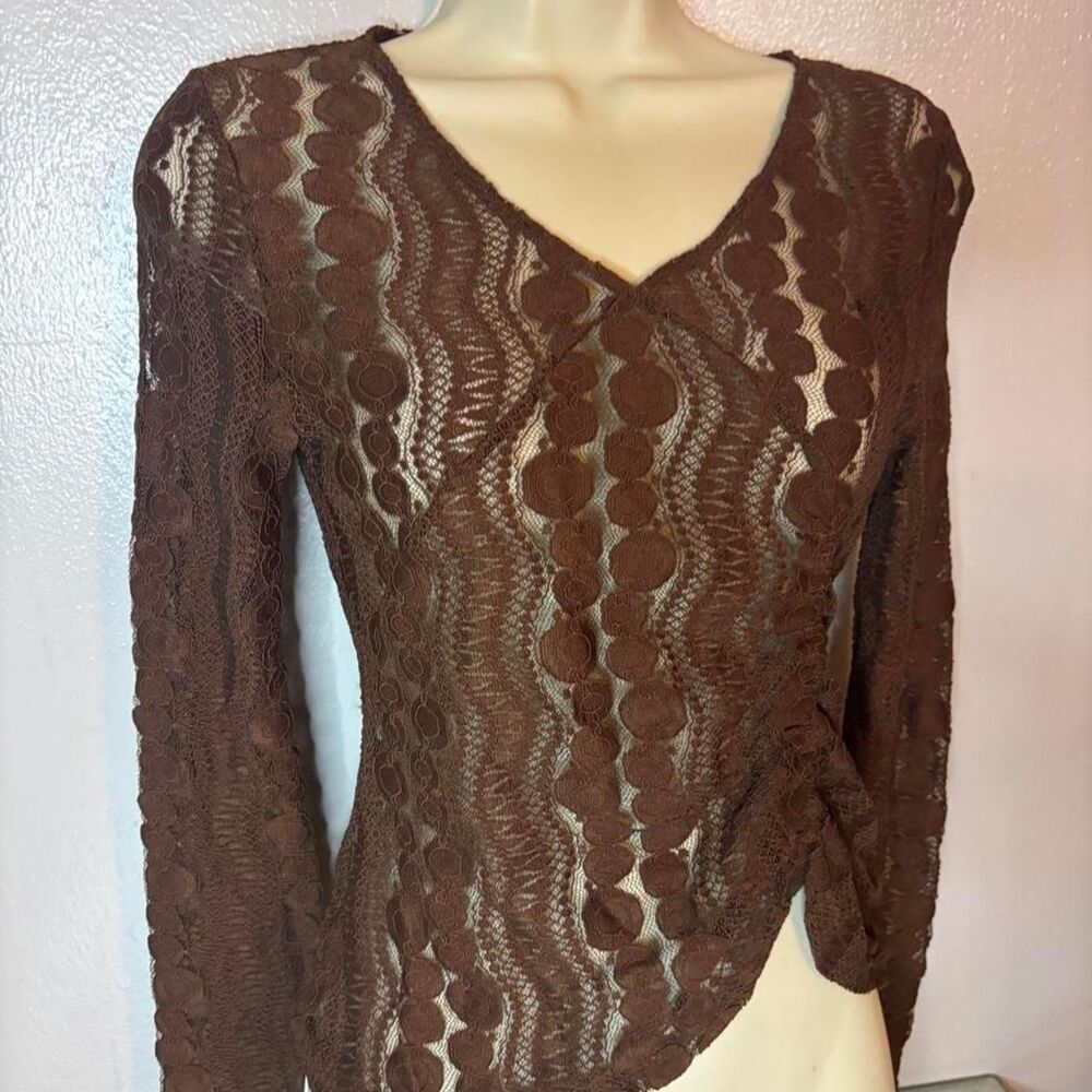 Y2K Brown Lace Ruched Long Sleeve Top Medium